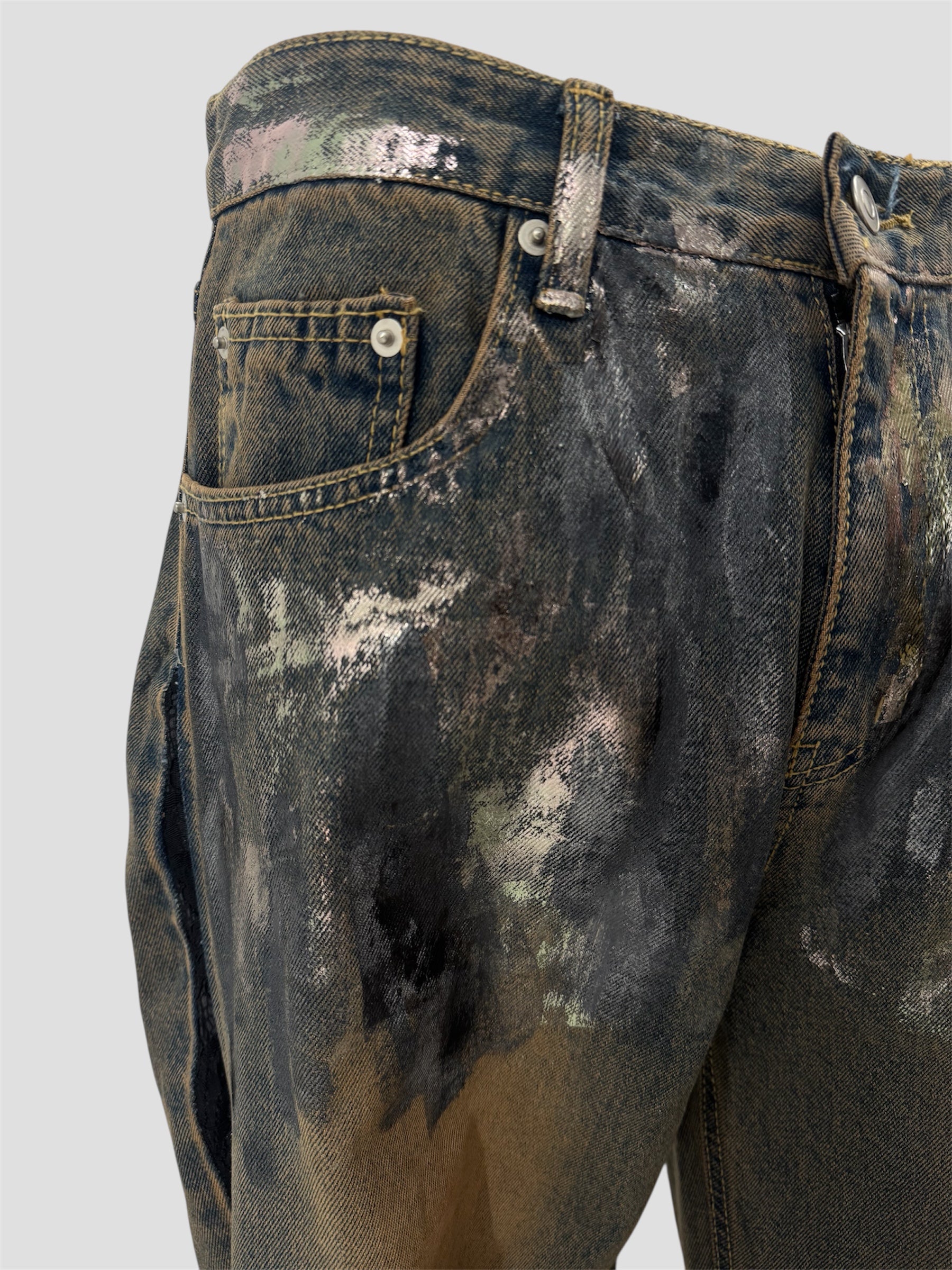 Foil stamping denim pants(Blue Brown)