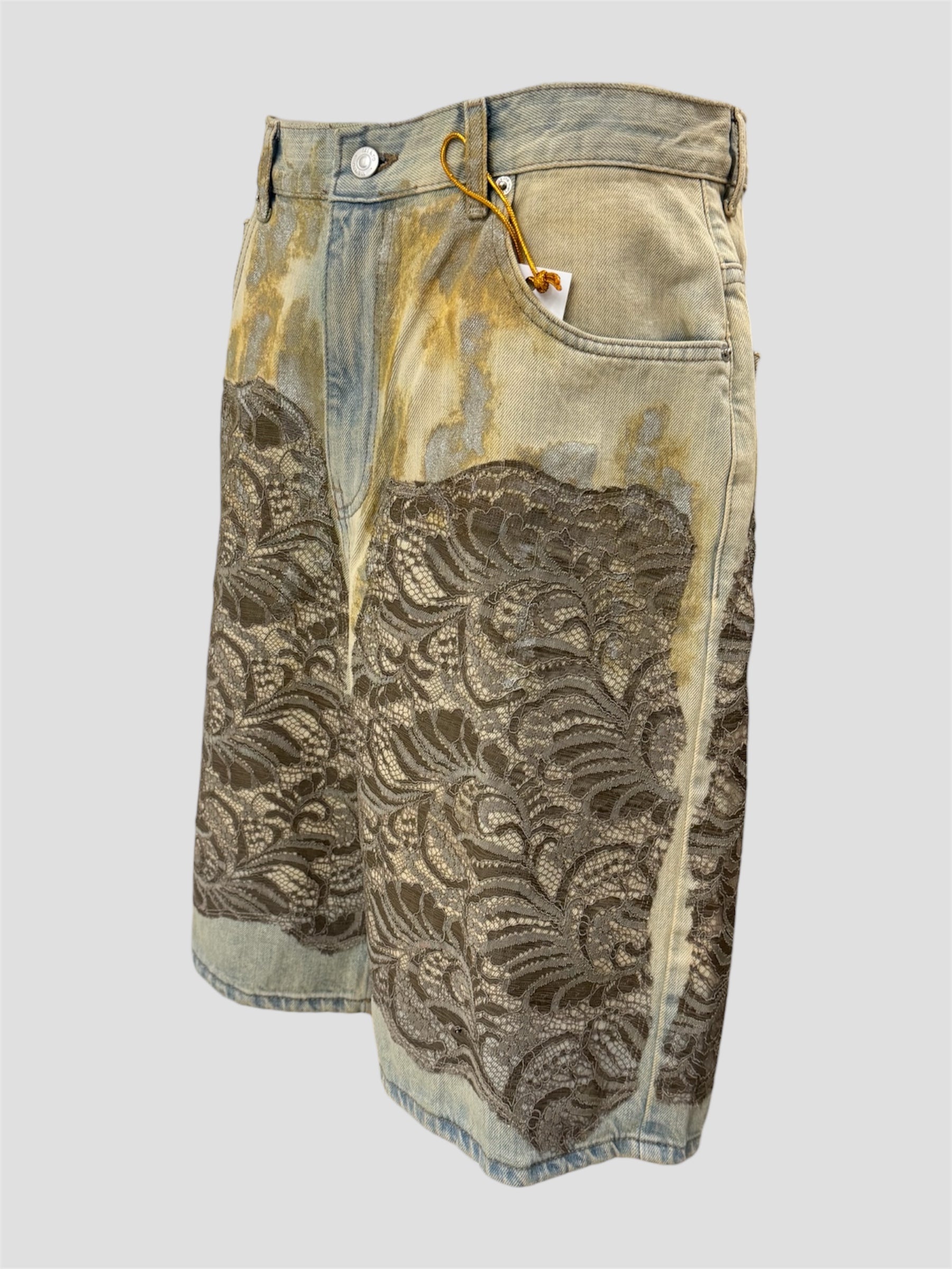Lace-panelled denim shorts(Sky Blue)