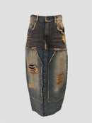 Panelled Denim Skirt(Brown Blue)